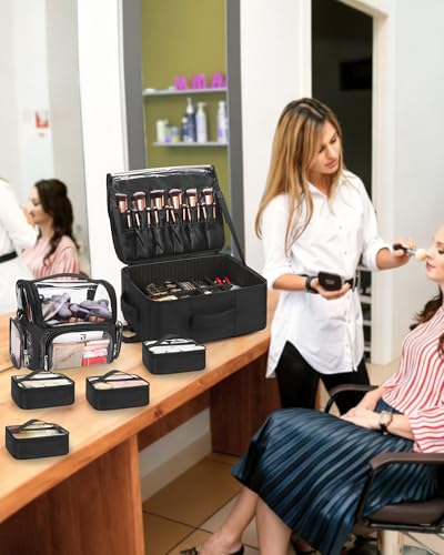 Relavel Makeup Bag Travel Train Case Makeup Backpack with 4 Clear Bags & Makeup Brush Case, Professional Makeup Artist Kit Set Bags, Cosmetics Storage Organizer Box with Adjustable Dividers, Black - color: Black with clear brush case