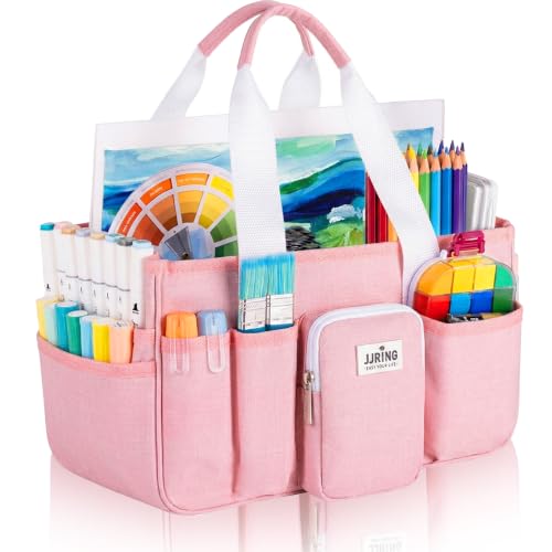 JJRING Craft Organizer Tote Bag, Portable Art Caddy with Adjustable Divider&Secure Zipper Pocket, Large Foldable Storage Tote for Scrapbooking, Sewing, Artist and Home(Pink) - color: Pink, size: Large