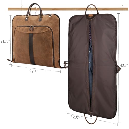 Polare Waxed Canvas Full Grain Leather Trim Garment Carry On Bag for Travel, Foldable Hanging Suitcase Weekender Dust-Proof Garment Waterproof Cover with YKK Zipper and Adjustable Strap - color: Brown