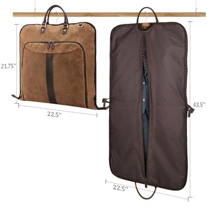 Polare Waxed Canvas Full Grain Leather Trim Garment Carry On Bag for Travel, Foldable Hanging Suitcase Weekender Dust-Proof Garment Waterproof Cover with YKK Zipper and Adjustable Strap - color: Brown