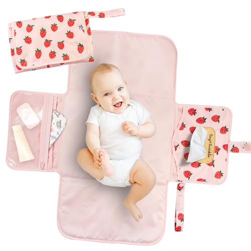 Tiny Twinkle Portable Diaper Changing Pad | Waterproof, Wipeable & Compact Baby Changing Pad for Travel | Smart Wipes Pocket & Organized Storage| Newborn Shower Gift (Strawberries) - color: Strawberries