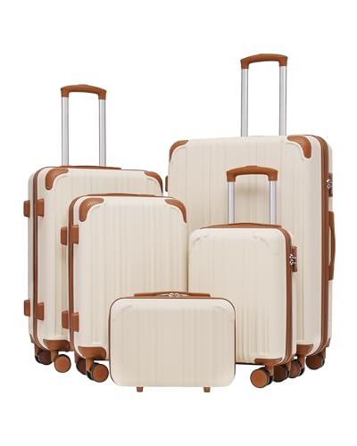 Coolife Luggage Sets, 5 Piece Durable Suitcase, Lightweight Carry on Luggage with ABS Hardshell, Dual Spinner Wheels, TSA Lock and YKK Zipper(apricot white, 5 piece set) - color: apricot white, size: 5 piece set