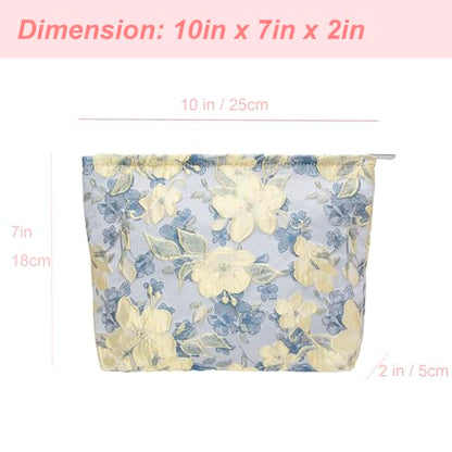 PAZIMIIK Makeup Bag Large Cotton Zipper Pouch for Purse Travel Canvas Make Up Organizer for Women Cosmetic,Brocade Blue - color: Brocade Blue Flower