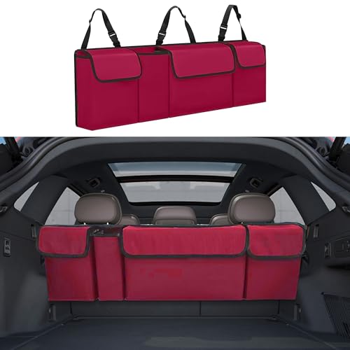 Car Trunk Organizer, Backseat Hanging Large Storage with Adjustable Straps,Waterproof PVC Collapsible Cargo Bag, Car Interior Accessories for Auto SUV MPV (Red) - color: Red