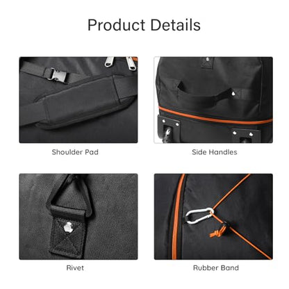 32" Soft-Sided Foldable Wheeled Duffle Bag, 110L Expandable 140L Rolling Travel Bag with Matching Storage Pouch, Updated Black-Orange - color: Black-Orange