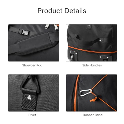 32" Soft-Sided Foldable Wheeled Duffle Bag, 110L Expandable 140L Rolling Travel Bag with Matching Storage Pouch, Updated Black-Orange - color: Black-Orange