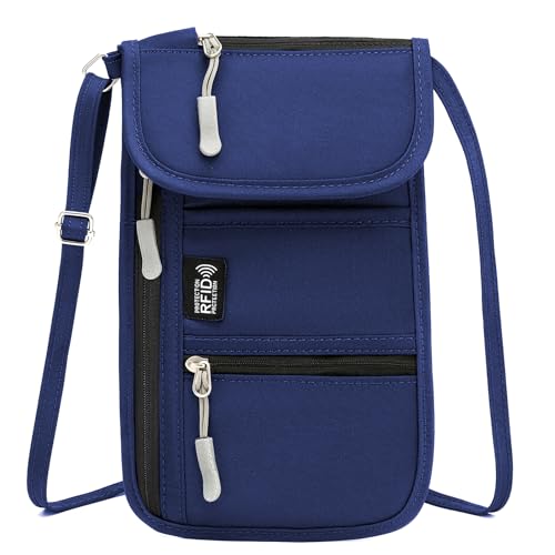 RFID Blocking Passport Holder for Travel Neck Wallet with Adjustable Lanyard 6 Compartments Pouches Passport Wallet for Family (Navy Blue) - color: RFID Blocking, Navy Blue