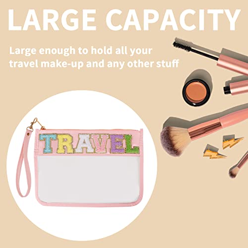Iqimott Chenille Letter Clear Bag Travel Pouch, Monogram PVC & PU Makeup Cosmetic Bag Zipper Toiletry Pouch, Waterproof Portable Beach Snack Wristlet Bags for Women Girls(Travel, Pink) - color: Travel-Pink