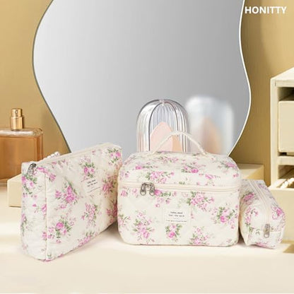 honitty Makeup Bag,Quilted Cosmetic Bags,Large Floral Make Up Organize bag,Makeup Bag Set for Women,Flower Travel Toiletry Bag - color: Pink