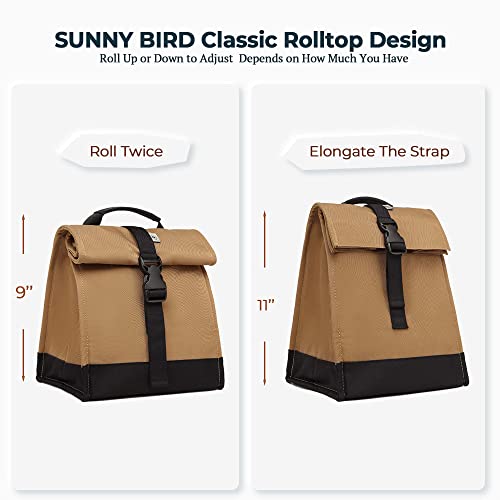 SUNNY BIRD Insulated Lunch Bag Rolltop Lunch Box Tote Bag for Women, Men, Adults and Teens (Brown) - color: Brown
