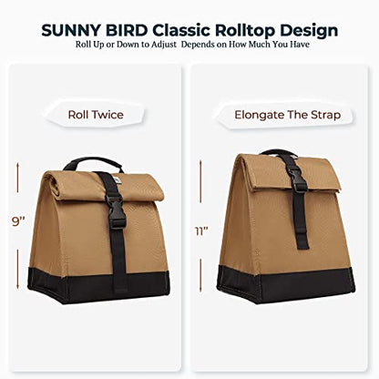 SUNNY BIRD Insulated Lunch Bag Rolltop Lunch Box Tote Bag for Women, Men, Adults and Teens (Brown) - color: Brown