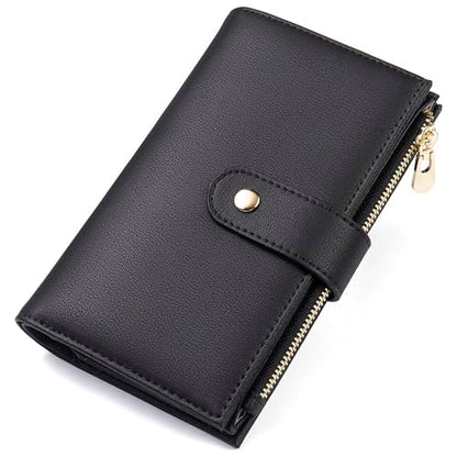 yiijay Wallet Women RFID Blocking Leather Trifold Clutch Wallet Credit Card Holder Ladies Travel Wallet Purse with Pen Holder - color: 1Black