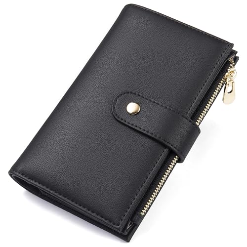 yiijay Wallet Women RFID Blocking Leather Trifold Clutch Wallet Credit Card Holder Ladies Travel Wallet Purse with Pen Holder - color: 1Black
