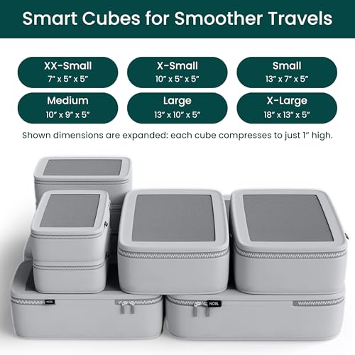 NOBL Travel Compressible Packing Cubes Set, 6 Pieces Travel Packing Organizers, Compression Luggage Cubes for Suitcases & Carry On, Space Saving (XXS, XS, S, M, L, XL) - Silver - color: Silver