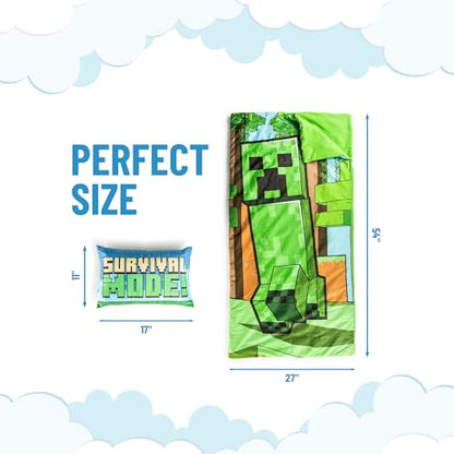 Jay Franco Kids Slumber Bag and Pillow - 54 x 27 Inch Comfy Indoor Sleeping Bag for School and Sleepovers, 2 Piece Set, Green - Minecraft - color: Green - Minecraft