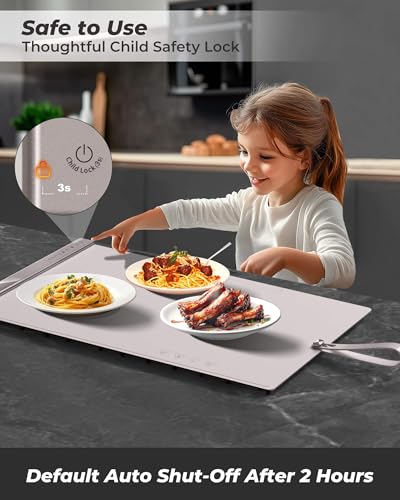 Food Warming Mat with Dual Heating Zones, 4 Temp Settings, Silicone Easy-Clean, Auto Shut-Off, Timer, Child Lock, Portable for Buffet, Party & Travel, 350W, 120V(AC), (White) - color: White