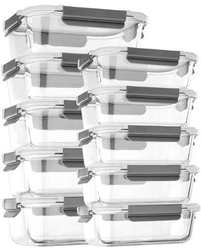 coccot [10 pack Glass Meal Prep Containers with Lids, Glass Food Storage Containers with Snap Locking Lids for Food, Bpa-free, Easy to Open& Close/Microwave,Oven,Freezer,Dishwasher Safe/Leak-Proof - color: Gray