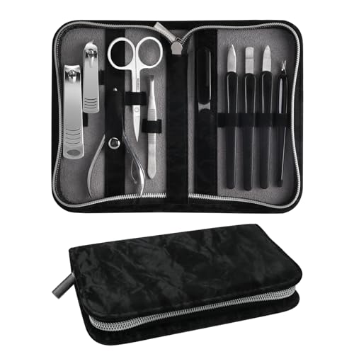 Manicure Pedicure Set, Nail Clipper Set 10-Piece Set Professional Manicure Kit Nail Kit with Portable Black Leather Case Gift for Men Boyfriend Parent - color: black