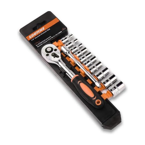 Egofine 12pcs 1/4 Inch Mini Ratchet Socket Wrench Set, Drive Socket Set with 10 Sockets (4-13mm) and 2 Way Quick Released Ratchet Handle and Extension Bar, Orange - size: 1/4, style: 12PC Orange Standard Socket Set
