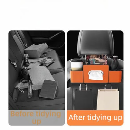 3-in-1 Multifunctional Car Backseat Organizer with Cup Holder, Tissue Box, Trash Bin & Hooks for Hold Phones, Snacks, Drinks, Handbags (Brown)