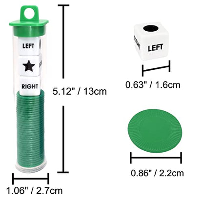 Ahoper Left Right Center Dice Game Prime Set Bundle with 3 Dices + 36 Chips. Round Tube Storage is Very Convenient for Travel. Easy to Store, Carry Around. (Green) - color: Green