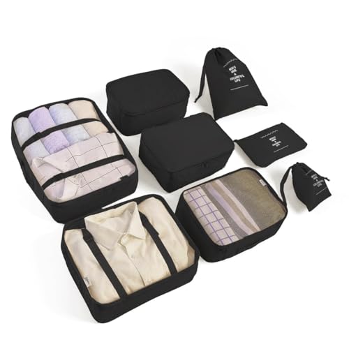 8 Set Packing Cubes for Suitcases Travel Luggage Packing Organizers,Travel Essentials Accessories Luggage Organizer with Shoe Bag Tioletry/Laundry Bag(Black) - color: Black, size: 8 set