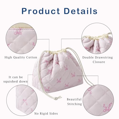 Cotton Quilted Drawstring Makeup Bag with Canvas Lining,Coquette Aesthetic Cute Travel Toiletry Bag,Drawstring Gift Bag for Women and Girls（13Small Pink Bow） - color: 13Small Pink Bow
