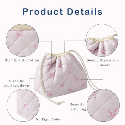 Cotton Quilted Drawstring Makeup Bag with Canvas Lining,Coquette Aesthetic Cute Travel Toiletry Bag,Drawstring Gift Bag for Women and Girls（13Small Pink Bow） - color: 13Small Pink Bow