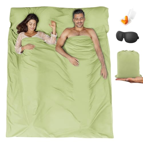 Sleeping Bag Liner,Travel Sheet & Adult Sleep Sack, Camping Sheets Travel Sleep Sack for Backpacking,Hotels & Hostels -Lightweight Single &Double Travel Sheet Camping Sheets - color: Double Green