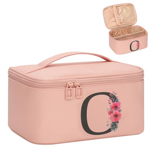 OCHEAL Initial Makeup Bag,Monogram Make up Bag Pink Travel Makeup Organizer Case Beauty Toiletry Cosmetic Bag with Brush Holder, Trendy Stuff Personalized Gifts for Women and Girls-O - color: Pink, style: O