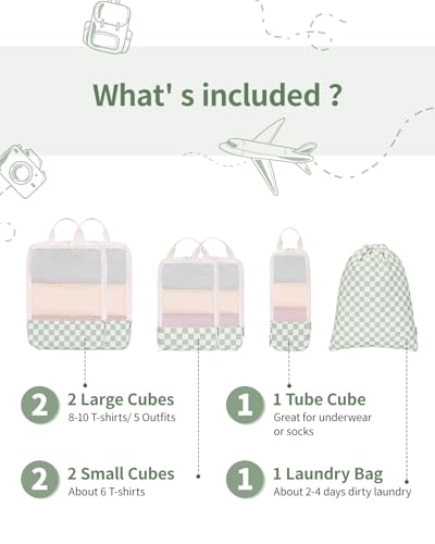 Narwey 6 Set Compression Packing Cubes for Travel Women Men, Travel Cubes for Carry On Suitcase, Durable Compression Luggage Organizer Bags - color: Z-Mint Green Checkerboard