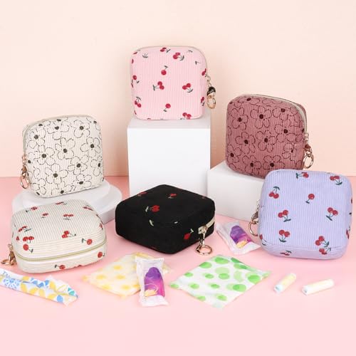 Cute Period Bag for Teen Girls, Corduroy Sanitary Napkin Storage Bag, Menstrual Pad Pouch Tampon Holder for Purse (Cherry-Pink) - color: Cherry-Pink