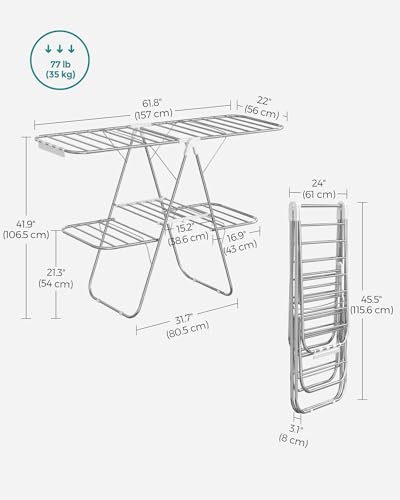 SONGMICS Clothes Drying Rack, Foldable 2-Level Laundry Drying Rack, Free-Standing Laundry Airer, with Height-Adjustable Wings, 33 Drying Rails, Sock Clips, Silver and White ULLR053W01V1 - color: Silver + White, size: 2 Tiers（22"d x 61.8"w x 64.3''h )