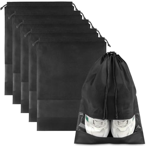 Large Black Travel Shoe Bags - 5 Pcs with Clear Window, Non-Woven Drawstring, 12.6" X 17.3" for Men Women - color: Black, style: 5 Pack
