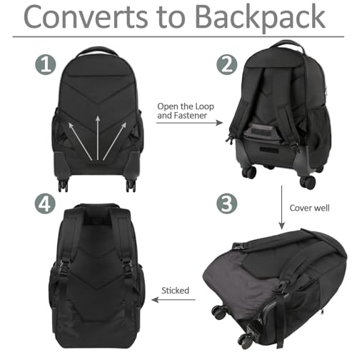 MATEIN Rolling Backpack with 4 Wheels, 17 inch Water Resisatnt Roller Spinner Backpack for Men, Large Busines Travel Wheeled Bag, Airline Approved Carry on Luggage Suitcase Bag, Black - color: Black, size: 17 inch