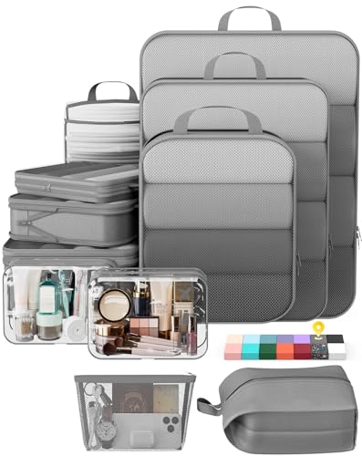 Veken 11-Pack Compression Packing Cubes for Travel Essentials,Compressible Expandable Large Luggage Suitcase Organizer Bags for Clothing,Durable Space Saver Bags with Toiletry Bags(Gray) - color: Gray, size: 11 set