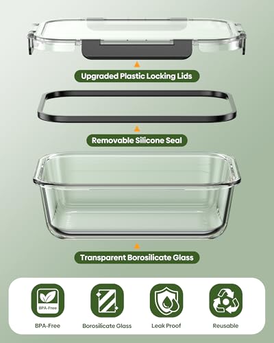 KEMETHY 40 PCS Glass Food Storage Containers with Lids(20 Container & 20 Lid), Borosilicate Glass Meal Prep Containers for Kitchen Storage and Organization, BPA-Free, Leak Proof, Reusable