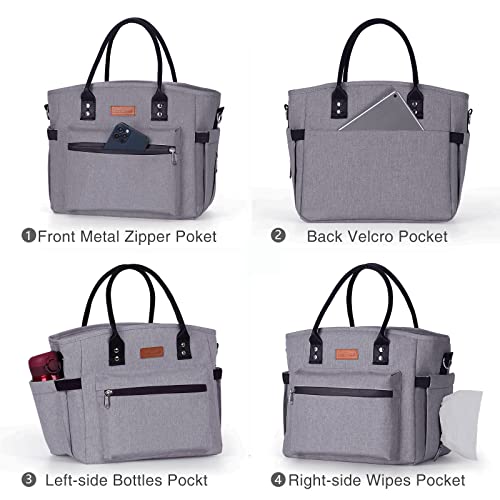 Insulated Lunch Bag for Women Men,Adult Lunch Box for Women with Adjustable Shoulder Strap,Portable Large Lunch Tote Bag for Office Work Picnic Beach,Reusable Lunch Cooler Bag - color: Gray