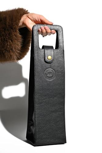 Premium Collection Single Bottle Wine Tote, Black | Genuine Leather, Elegant & Durable, Secure Locking Strap, Sophisticated Gift for Wine Enthusiasts - color: Black
