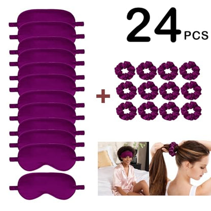 24Pcs Satin Eye Mask Silk Sleep Masks Silky Eyes Cover Blackout Blindfold Eyeshade Scrunchies Hair Ties Travel Wedding Gift - color: Plum
