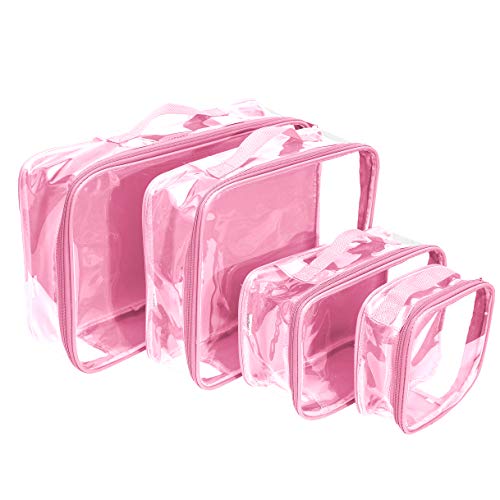 Clear Packing Cubes set of 4 / Packs 7-10 Days of Clothes/Premium PVC Plastic Storage Bags - color: Rose