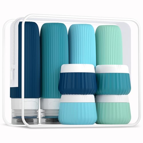 Mrsdry Travel Bottles for Toiletries 8 Pack, Tsa Approved Travel Size Toiletries 3 oz, Containers for Toiletries, with Clear Bag, Leak Proof Silicone Squeezable Essentials Creams Jars - color: Blue, size: Bottle 3oz Jars 1oz