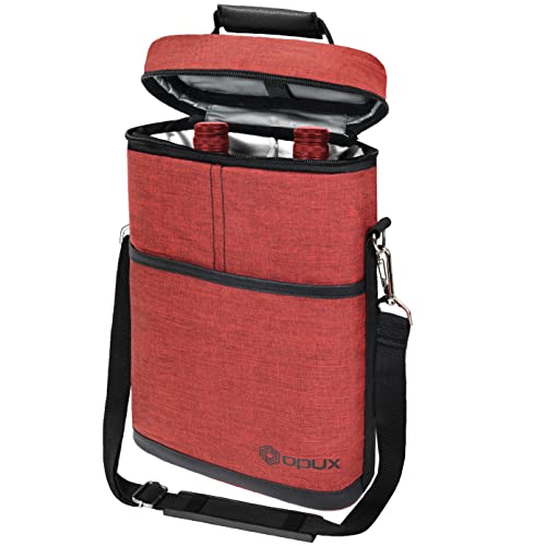 opux 2 Bottle Wine Carrier Tote, Insulated Leakproof Wine Cooler Bag, Wine Travel Bag for Picnic BYOB Beach, Portable Wine Bottle Carrying Case, Gift for Wine Lover Women Men Christmas, Red - color: Heather Red