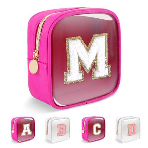 Personalized Initial Letter Clear Preppy Makeup Bag,Mini Nylon Chenille Letter Cosmetic Bag Cute Zipper Pouch Coin Purse for Teen Girls,Portable TSA Approved Travel Essentials Bag Gift for Women,M - color: Mini-Hot Pink, size: M