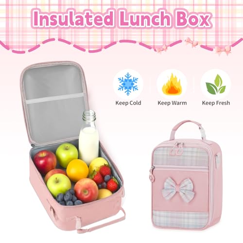 Girls Backpack with Lunch Box Set, 5pc Pink Cute Kawaii Bookbag for Teens, Aesthetic School Backpack for Elementary - color: Pink