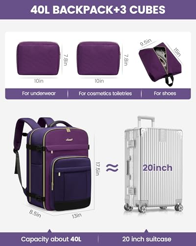 LOVEVOOK 40L Travel Backpack - Carry On & Personal Item for Women & Men, Spacious & Durable with 3 Packing Cubes - color: Blue Purple-purple-black, size: Large-40L-4Pcs