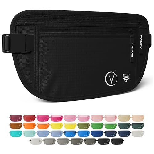Vantamo Money Belt with RFID For Men & Women, Hidden Passport Holder for Travel, 2 Compartment Travel Fanny Pack for Women Anti Theft - color: Onyx