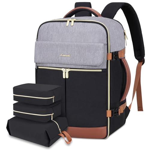 LOVEVOOK 40L Large Travel Backpack for Women, Flight Approved, Waterproof, TSA Compliant, Fits 17.3'' Laptop, 17 Pockets, 3 Packing Cubes - color: Grey-black-brown, size: 40L-17.3 Inch-4Pcs