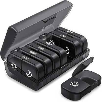 AUVON XL Weekly Pill Organizer 2 Times a Day, Pill Box 7 Day with One-Side Large Openings for Easy to Use, Black Privacy Protection AM PM Pill Case for Medication, Vitamins, Fish Oils, Supplements - color: Black
