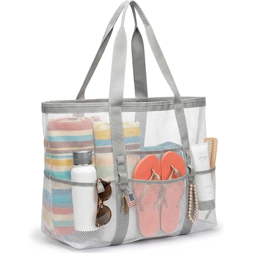 F-color Mesh Beach Bag Family - Large Tote Bag 9 Pockets for Swim Pool Toys Cruise Beach Vacation Essentials - color: White, size: Large with Mesh Bottom